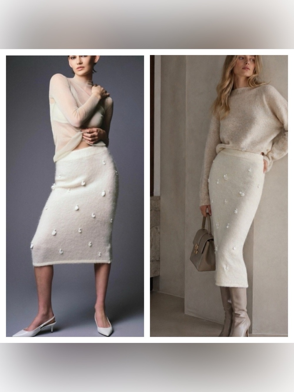 Zara Sequin embroidered Alpaca Blend Knit Pencil Midi Skirt Ecru white S NWT